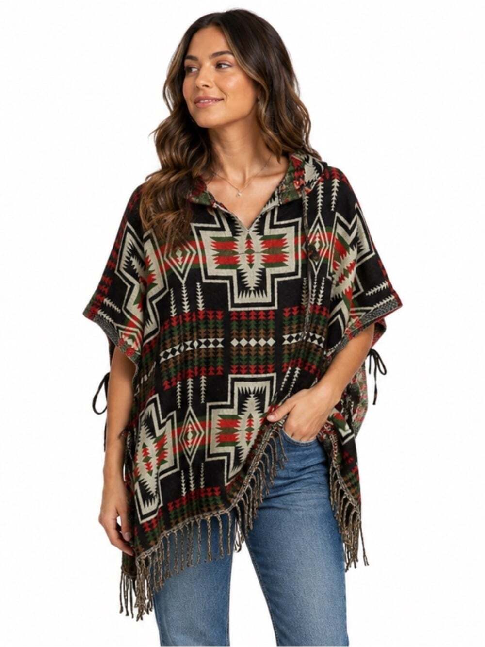 Wool Hooded Southwestern Poncho Pullover Fringe Unbranded One Size BohoCore
